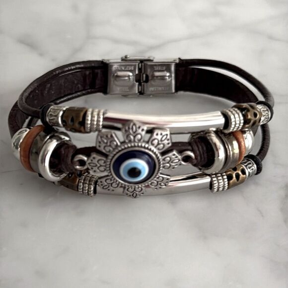 Men’s Protective Evil Eye Bracelet – Brown PU Leather, 8” - Picture 3 of 7